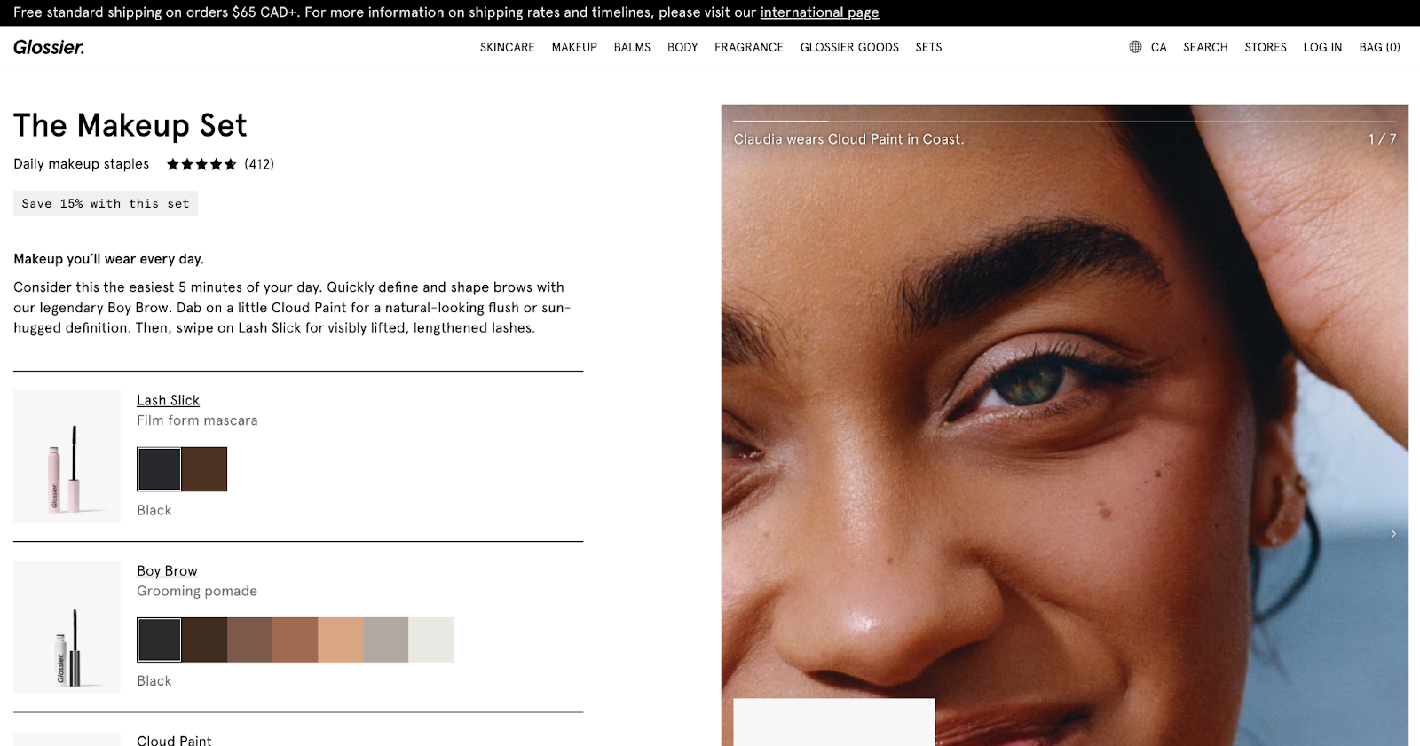 Screenshot of Glossier's The Makeup Set product bundle on its website.