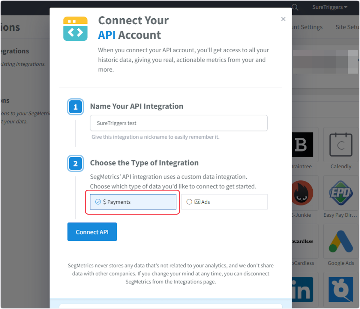 
Now, choose the 'Payments' option from the "Choose the Type of Integration" section.