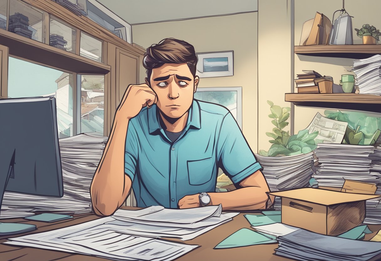 A frustrated seller staring at a "For Sale" sign, surrounded by paperwork and a cluttered home, feeling overwhelmed by the traditional selling process