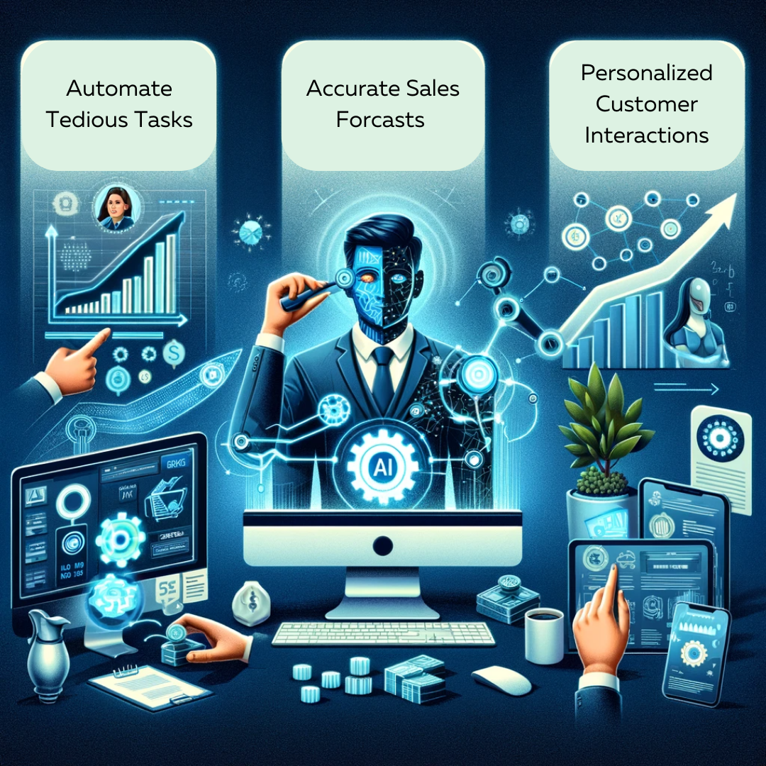  illustrates the "Advantages of AI-Powered Sales Tools," featuring three sections that demonstrate automation of tasks, accurate sales forecasting, and personalized customer interactions