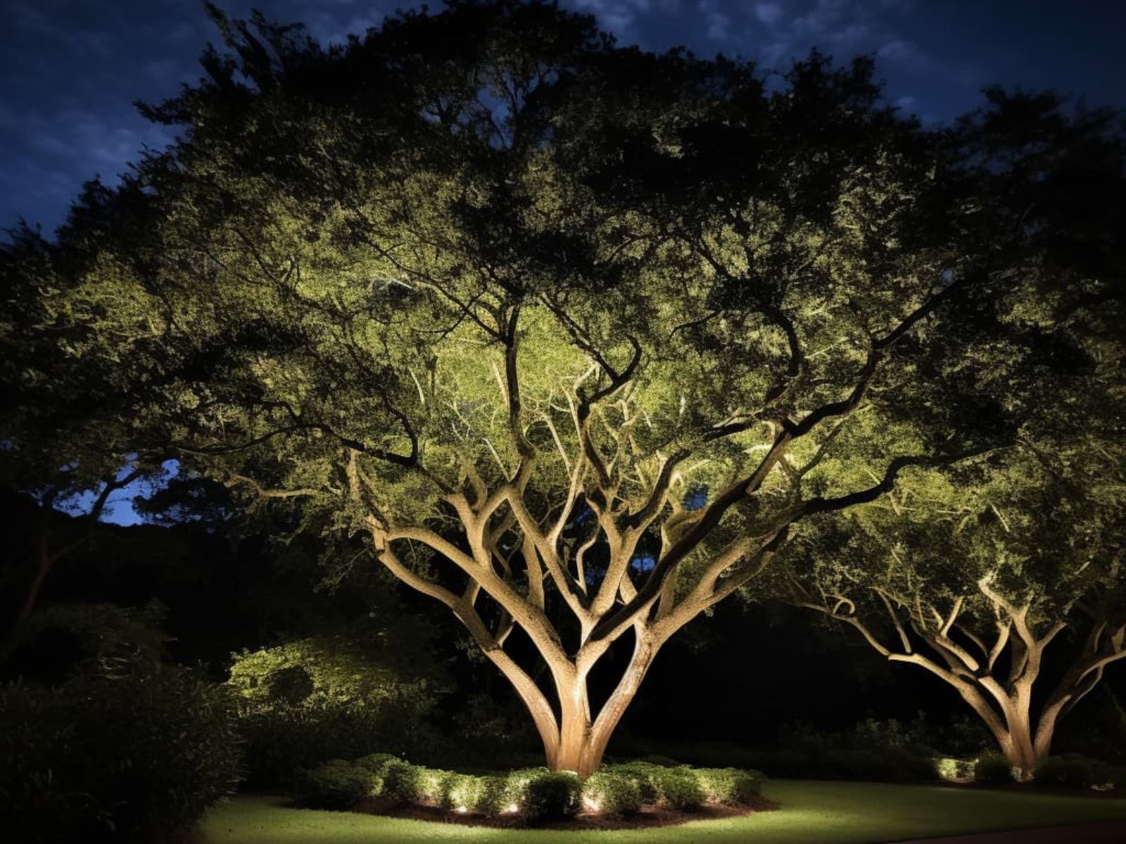 A large garden tree illuminated with uplighting