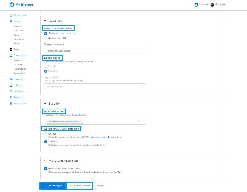 Working on the form features selection in Inline form
