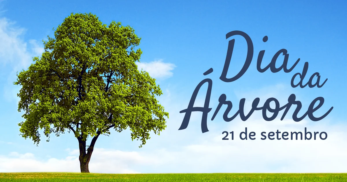 Uma imagem de uma árvore na frente de um céu azul apenas com os dizeres "Dia da Árvore, 21 de setembro"