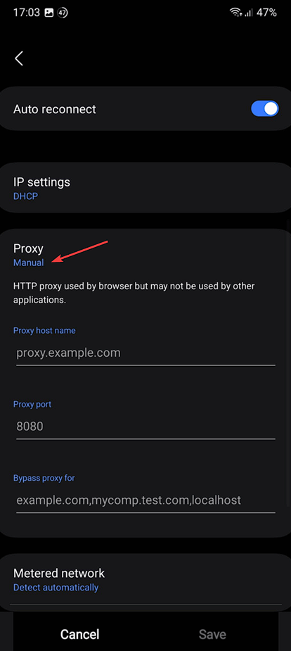 proxy settings on an Android phone