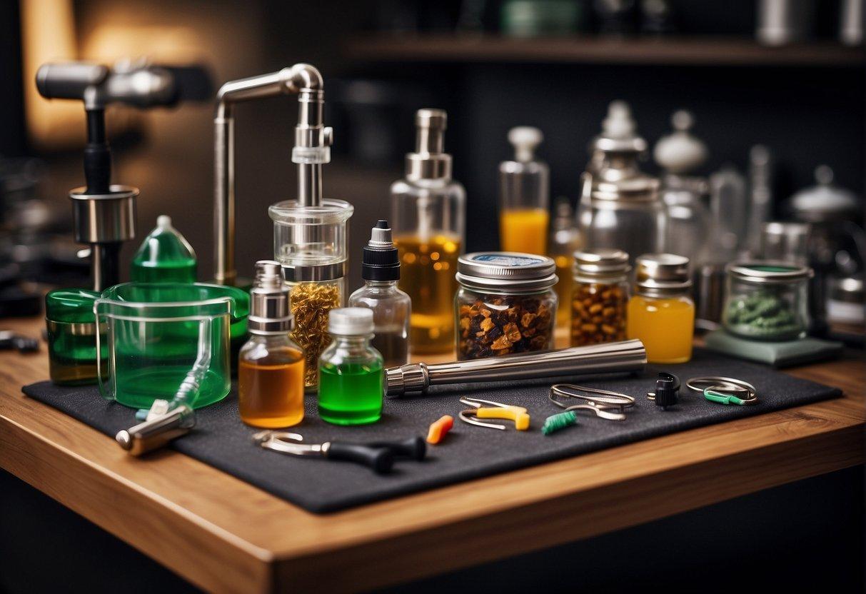 A clean, organized dabbing station with tools, torch, and concentrate. Proper storage of shatter in a silicone container. Clear, labeled jars for terpenes and alcohol wipes for cleaning