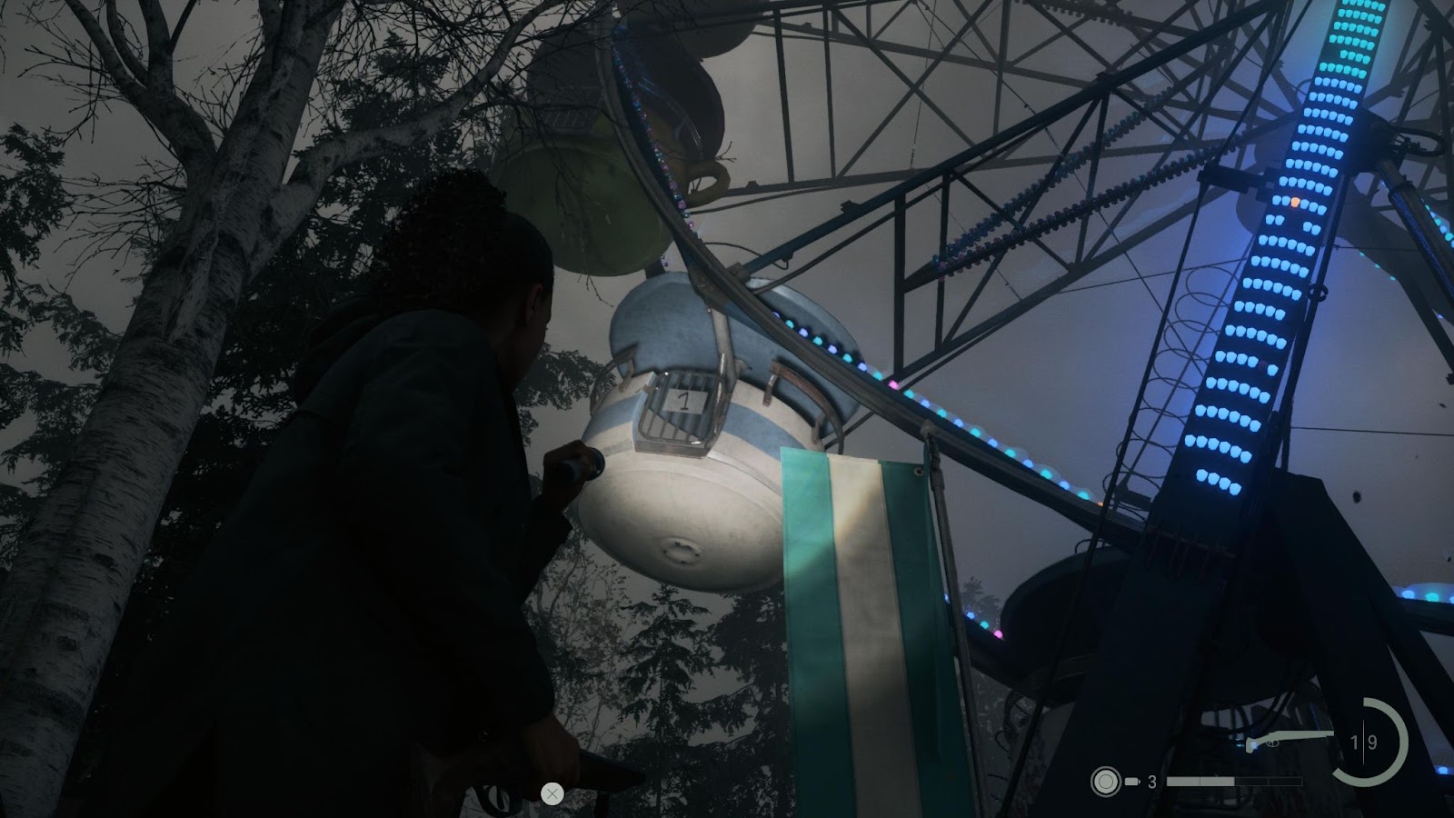 An in game screenshot of the Slow Roaster Ferris wheel in Coffee World from Alan Wake II. 