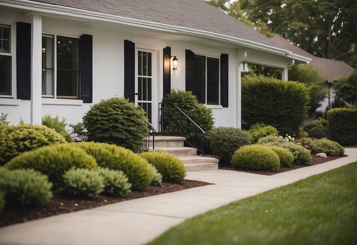 A tidy front yard with minimal decor. Clean pathway, trimmed bushes, and a clutter-free porch. Simple, modern outdoor furniture