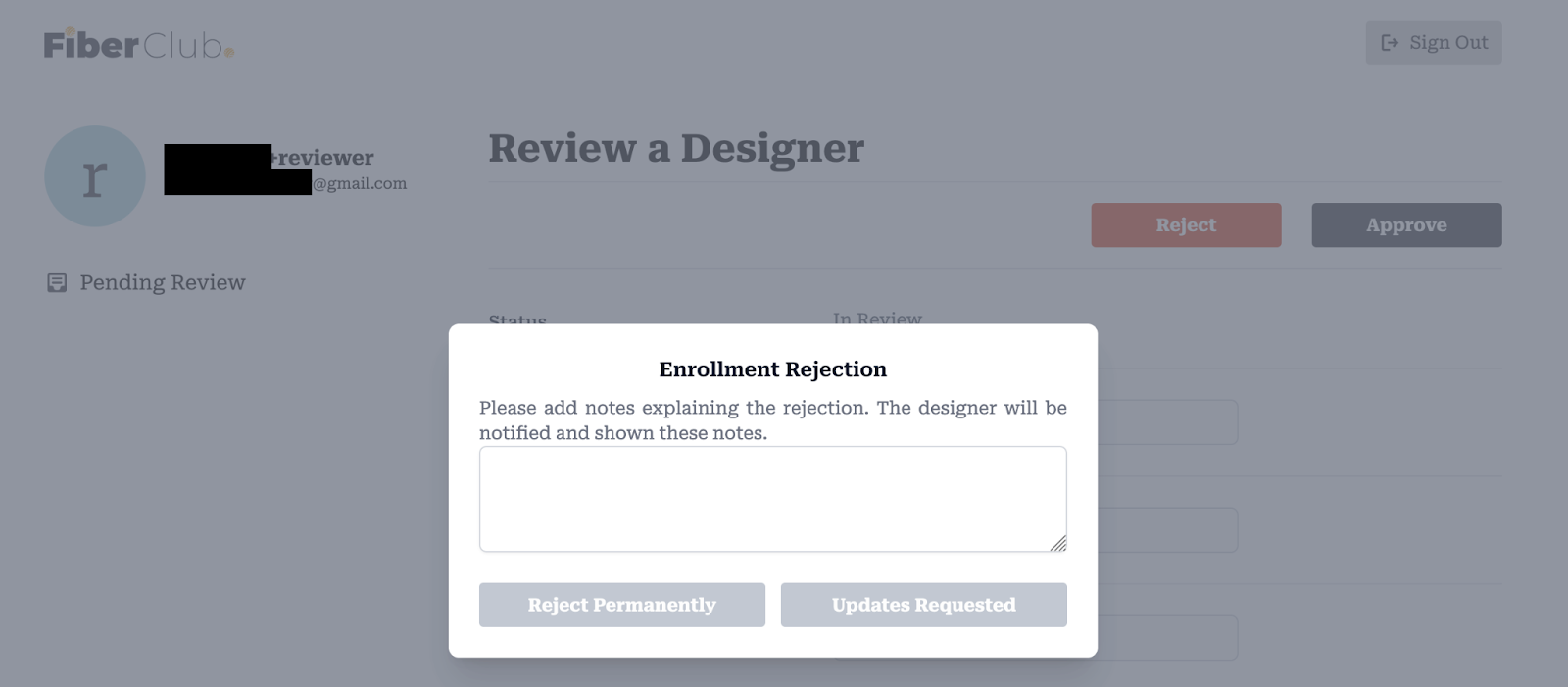 A screenshot of the Fiber Club admin designer enrollment rejection pop-up. 