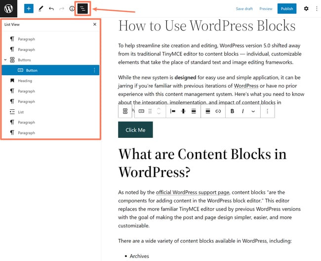 Wordpress blocks, Selecting button block from list view in Gutenberg block editor