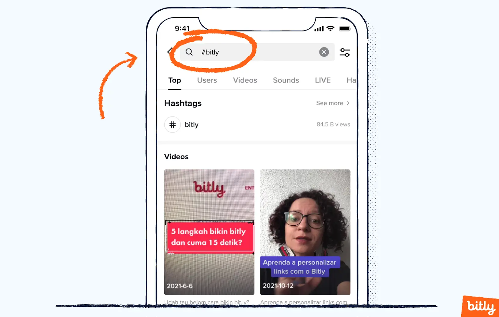 A screenshot showing what comes up when searching for #bitly on TikTok.