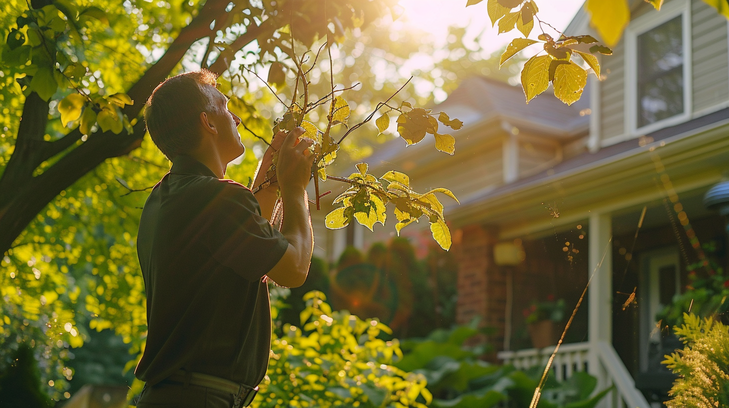 landscaping professional technician inspecting trees for signs of pest infestation