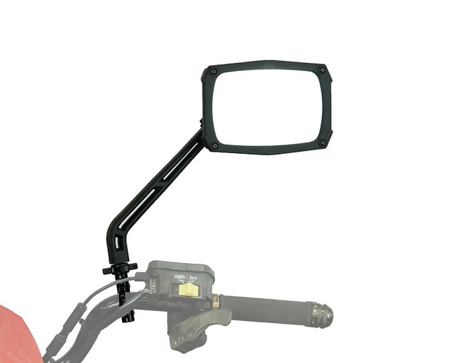 An ATV Tek Clearview Mirror, highlighted against the whited-out ATV handlebar it is mounted on, all against a blank background