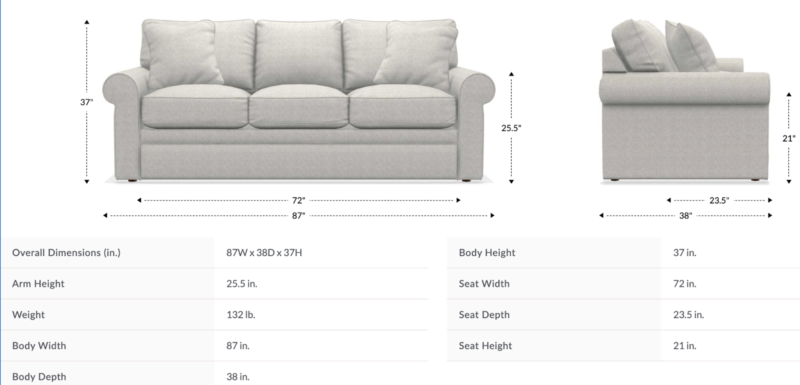 collins sofa dimensions