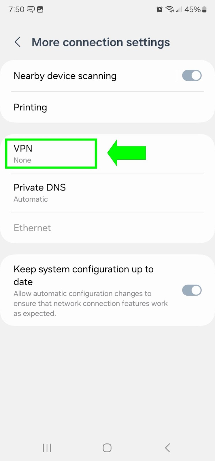 A screenshot of Android More connection settings with VPN highlighted.