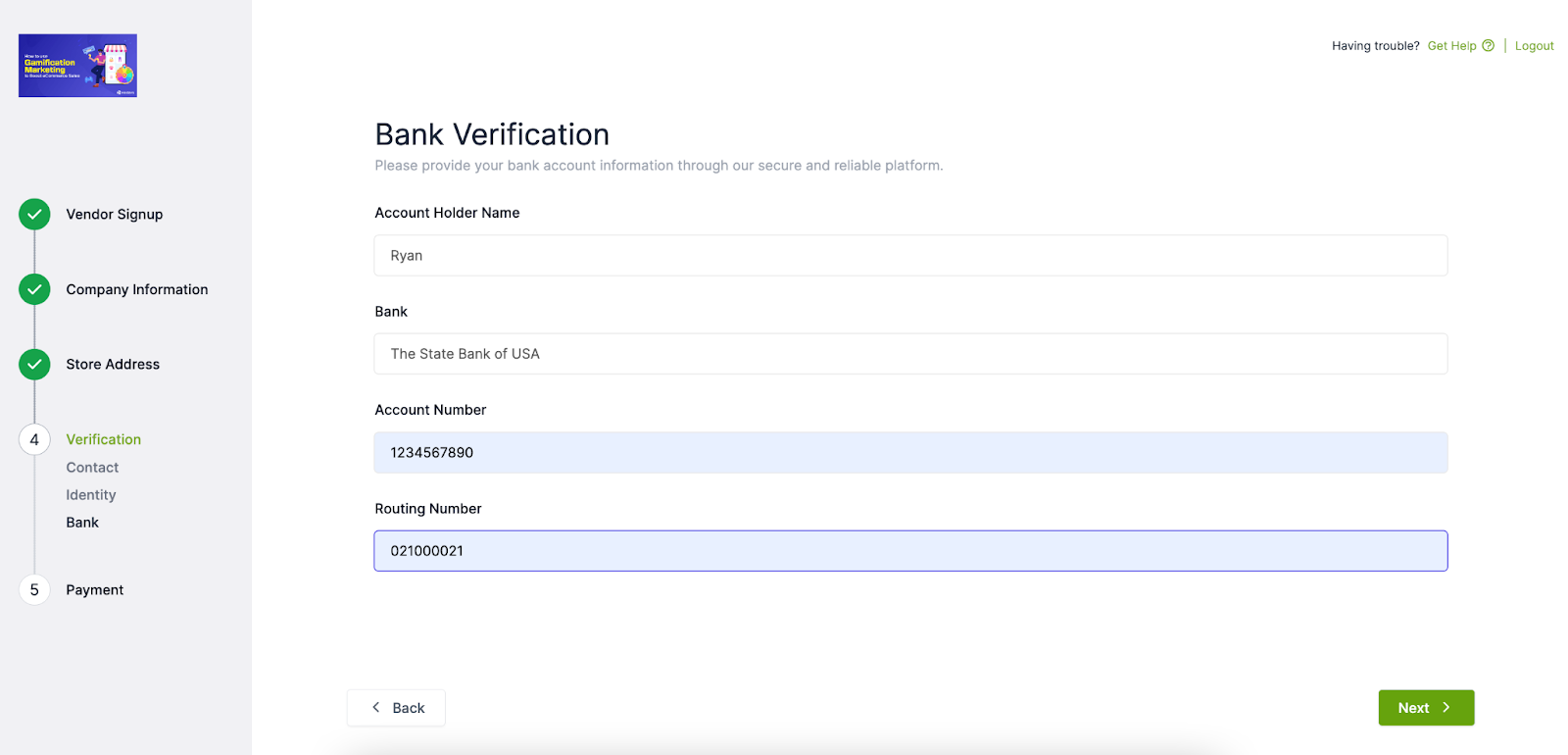 This image shows the bank verification of the vendor
