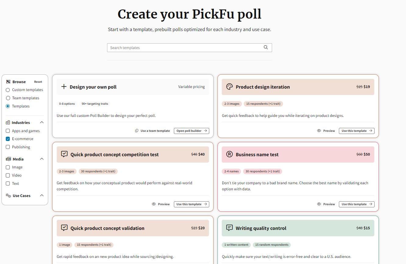 An image of a "Choosing a template from PickFu's survey builder".