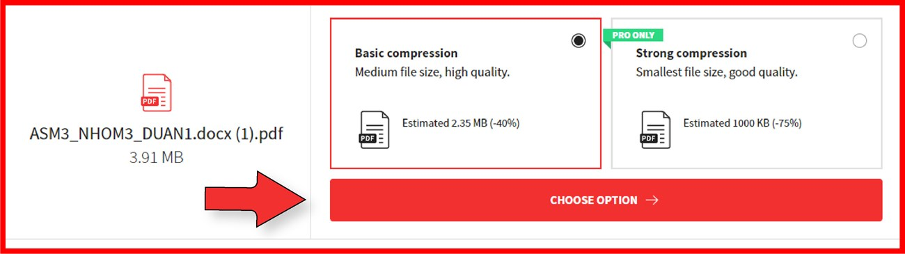 Bước 4: Chọn phiên bản "Basic compression" hoặc "Pro only" (dành cho thành viên Pro có tính phí), sau đó nhấn "Choose options" để bắt đầu nén file.