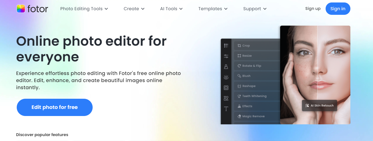 Fotor web app photo size to edit existing images and get categorized sticker library