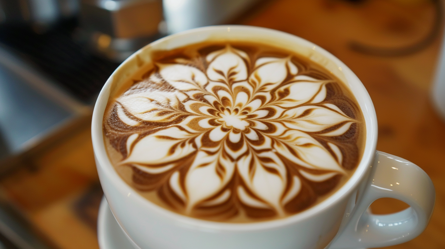  A close-up shot of a cup of coffee with latte art