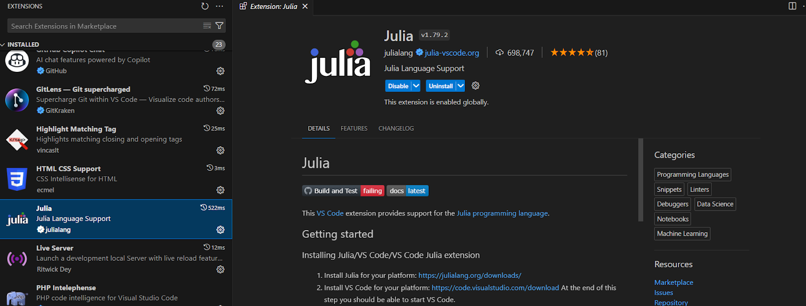 Julia VS code extension