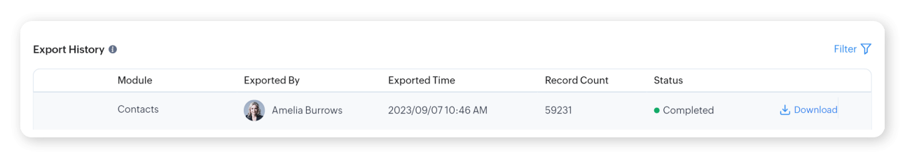 Download link for exporting contacts from Zoho CRM