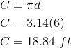 C&=\pi d\\C&=3.14(6)\\C&=18.84 \ ft
