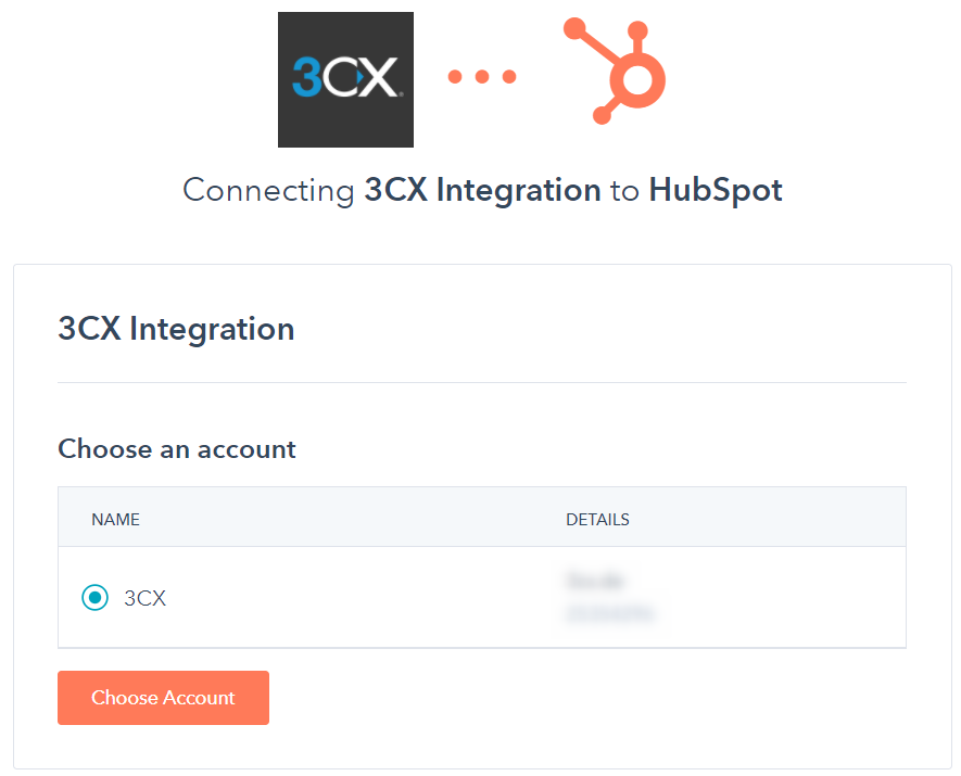 Escolhendo a conta para se conectar a Integração 3CX com o HubSpot
