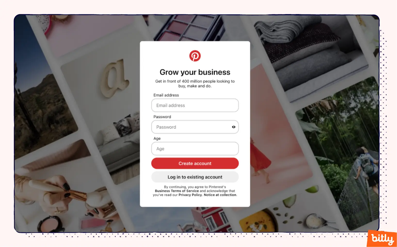 A screenshot of the Pinterest business acconut sign up page
