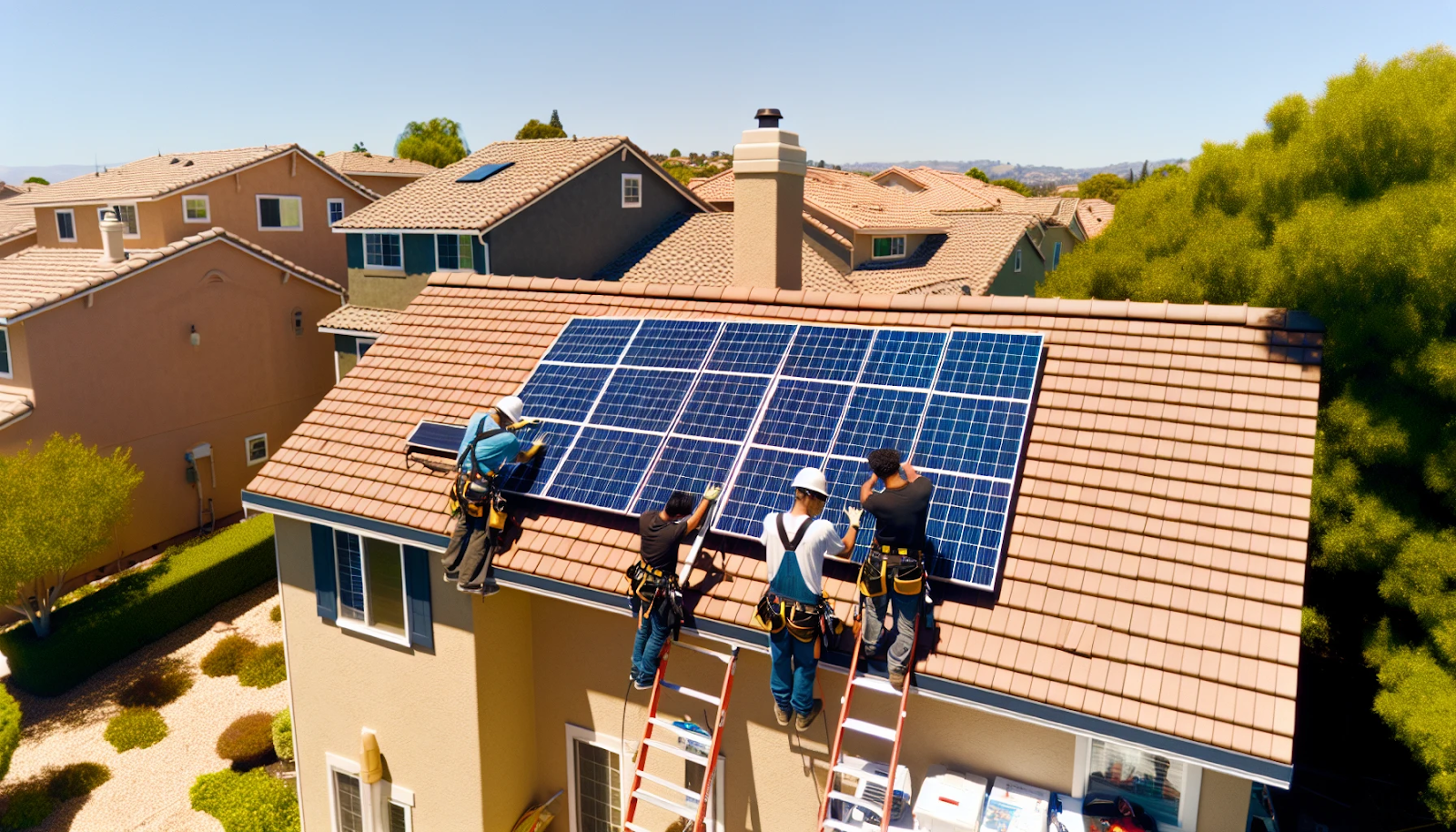 Solar panels installation on a residential rooftop