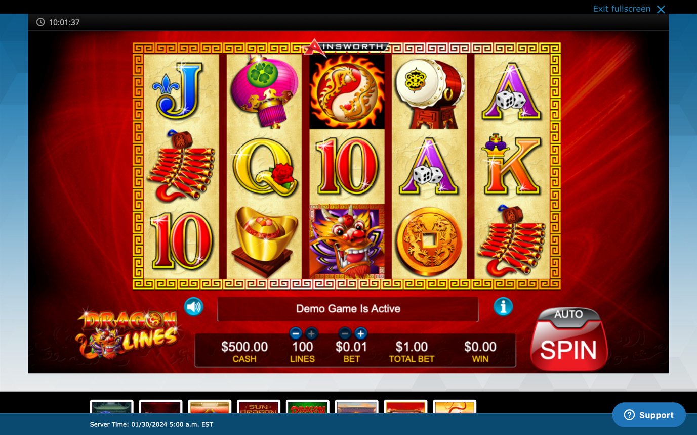 A screen shot of a resorts casino online year of the dragon slot game , dragon line  with a dragon red background and symbols of gold, dragon and lanterns.
