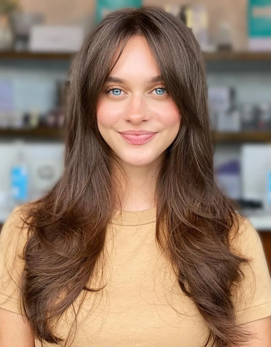 Picture of a lady wearing the  Face-Framing Layers and Curtain Bangs