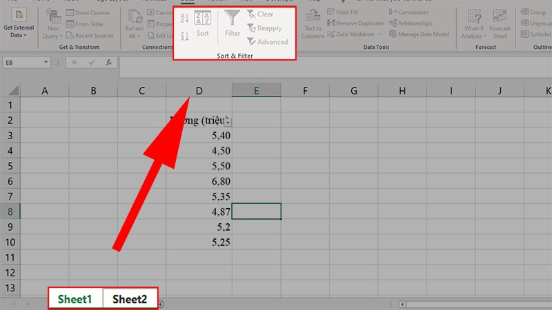 2 sheet bị nhóm lại với nhau tạo thành lỗi không thể tạo bộ lọc