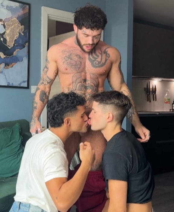  Joel Hart naked in an gay threesome scene photo getting his cock sucked off by two clothed onlyfans gay creators