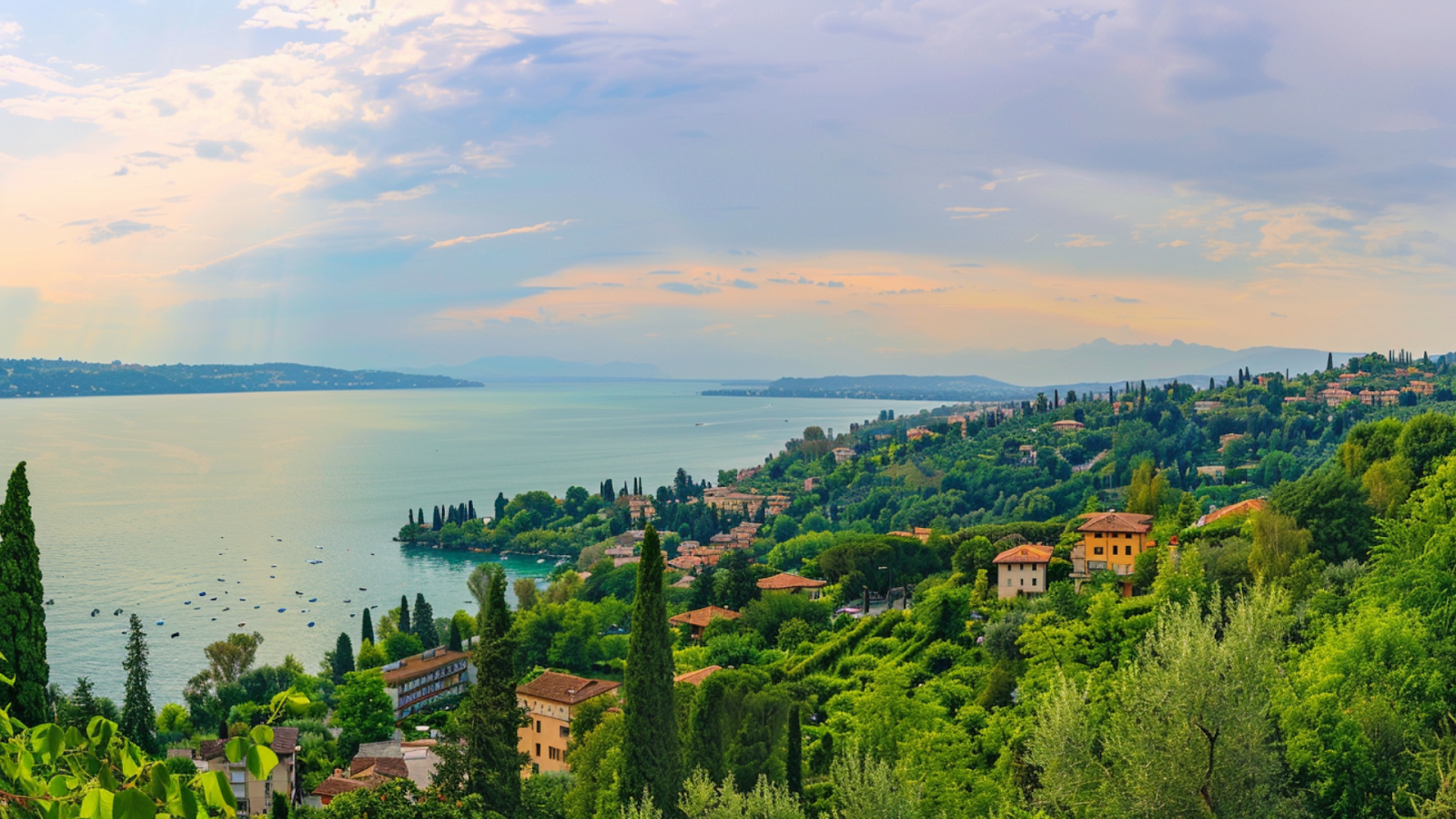A panoramic shot of Manerba Del Garda, Italy showing houses by the lake