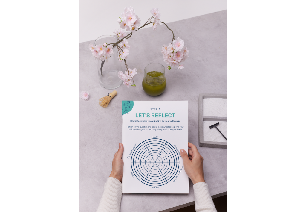 A person is holding the reflection activity page from the Digital Wellness Goal-Setting and Habit-Tracking Workbook in their hands ready to reflect on their current digital habits. 