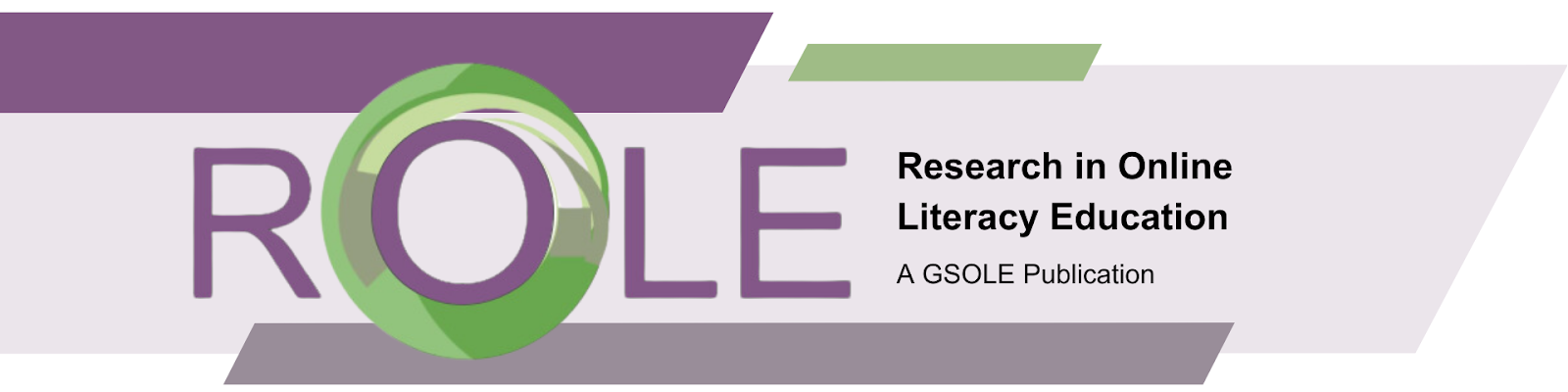Image of ROLE header with green, purple ROLE logo featuring a swirling green "O" and the acronym "ROLE' beside the text "Research in Online Literacy Education: A GSOLE Publication"