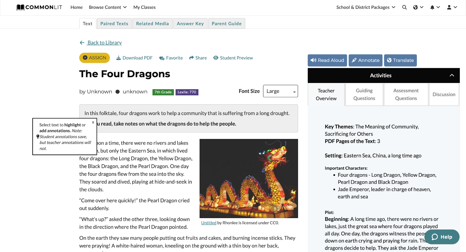 CommonLit lesson for “The Four Dragons,” a popular folktale, with directions on how to use the annotation tool.