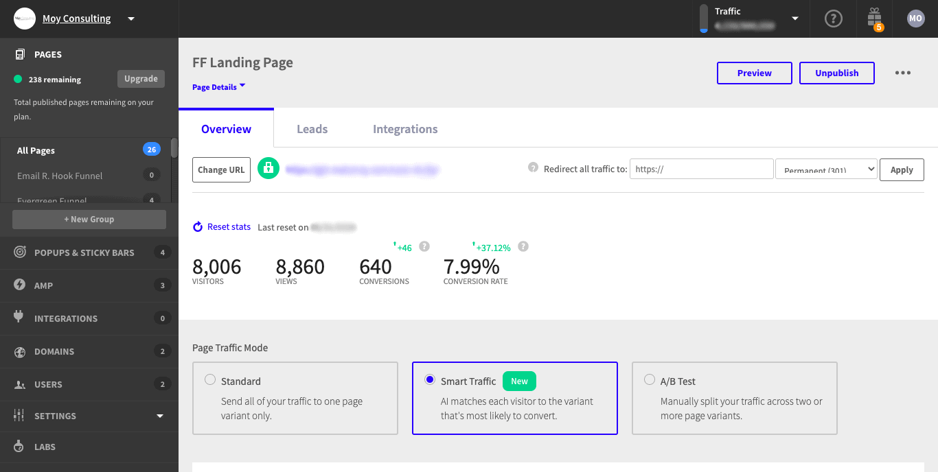 Unbounce dashboard