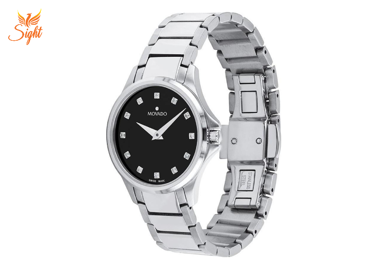  Đồng hồ nữ Movado dây thép 0607452 mặt đen, gây ấn tượng với 12 viên kim cương cao cấp