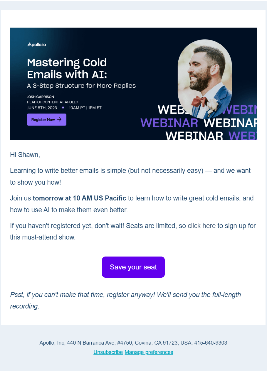Screenshot of a webinar reminder email from Apollo