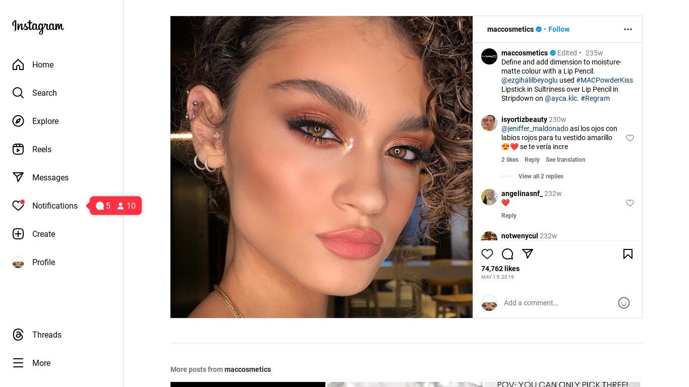 Screenshot of MAC Cosmetics influencer Instagram post