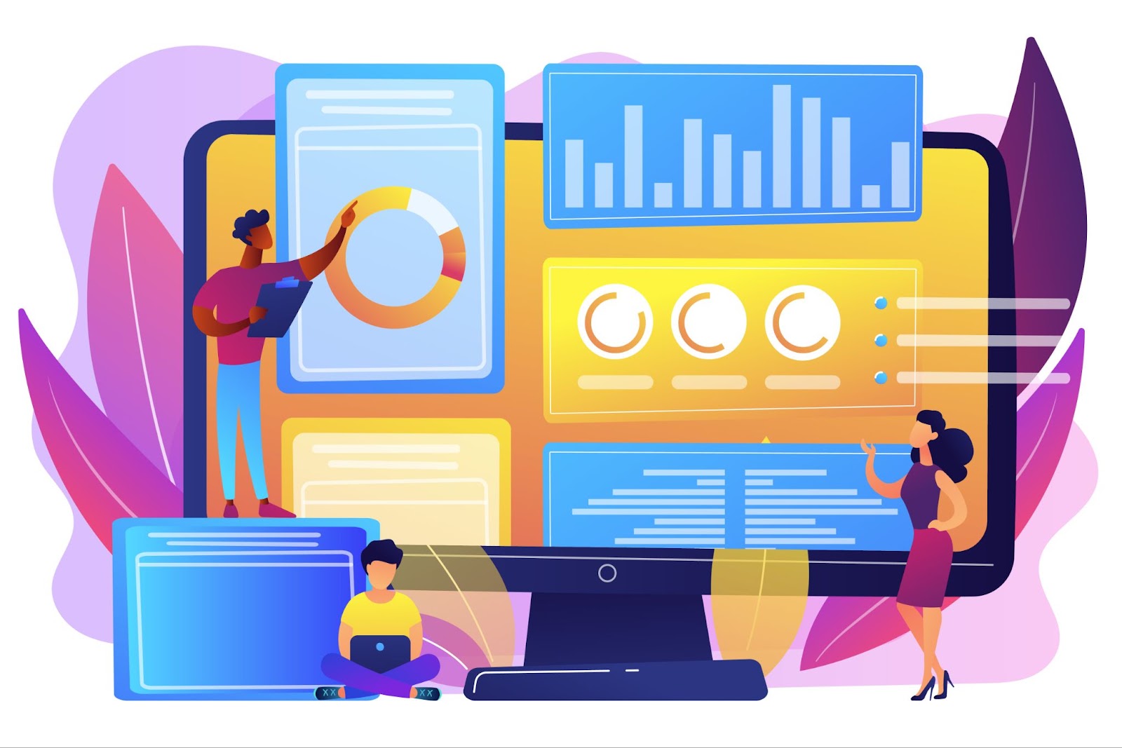 Colorful vector graphic of diverse people working with oversized digital devices, illustrating collaboration and data management in a digital workspace.
