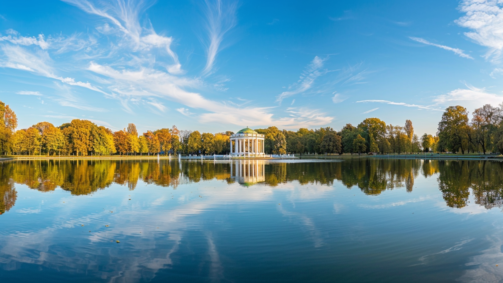 A panoramic shot of Lazienki Park in Warsaw, Poland