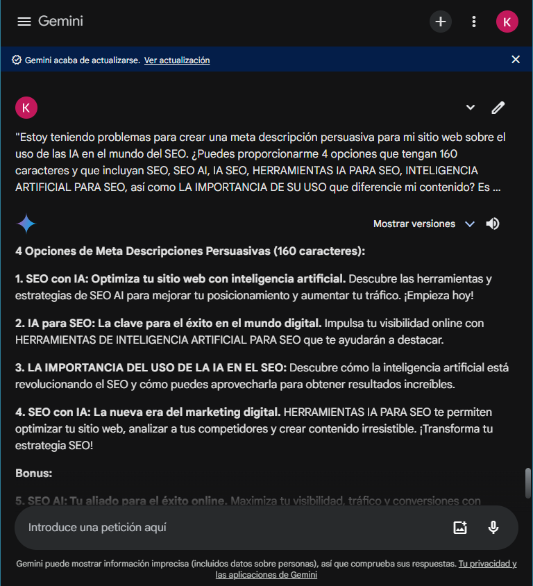 generacion de meta description google gemini