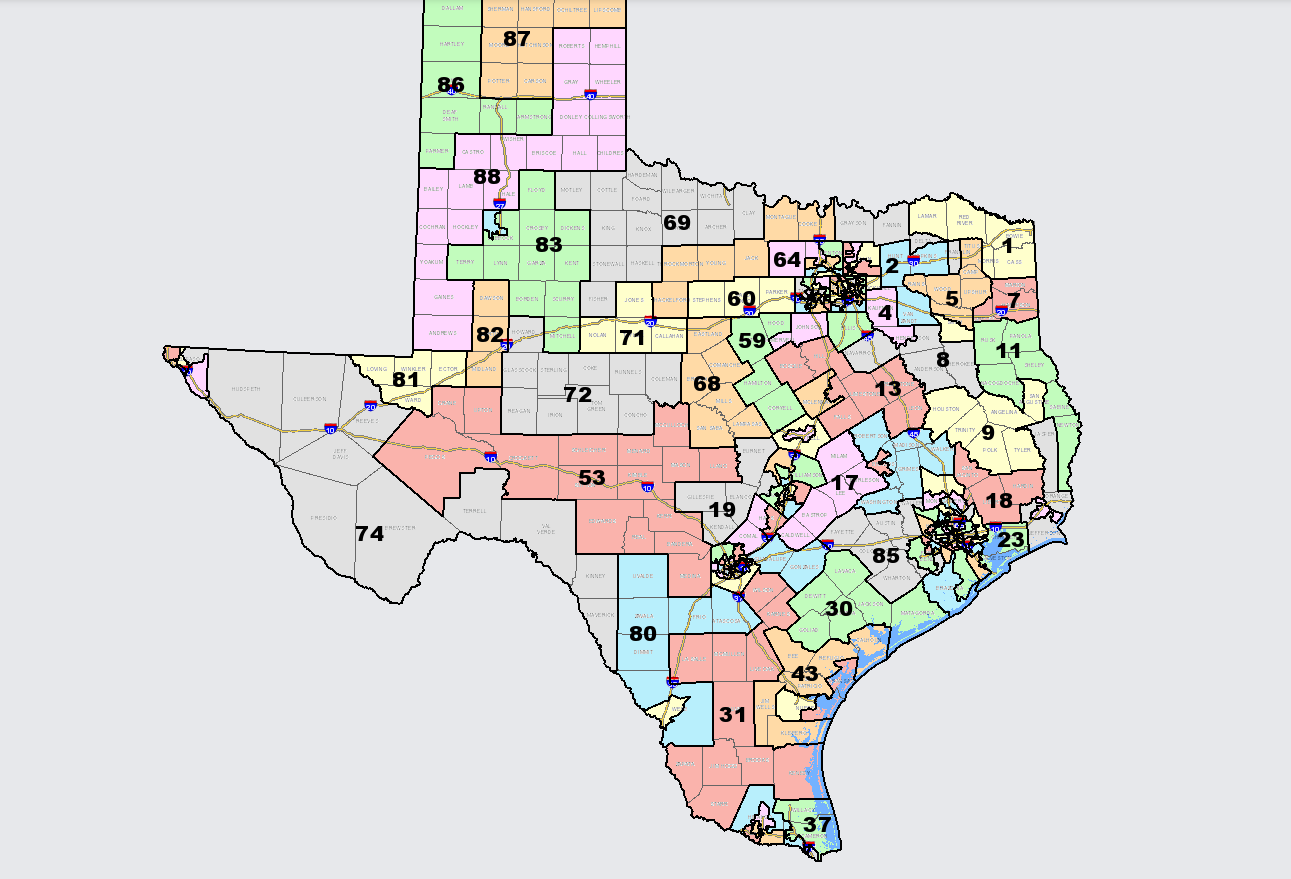 A map of texas with many colored squares

Description automatically generated