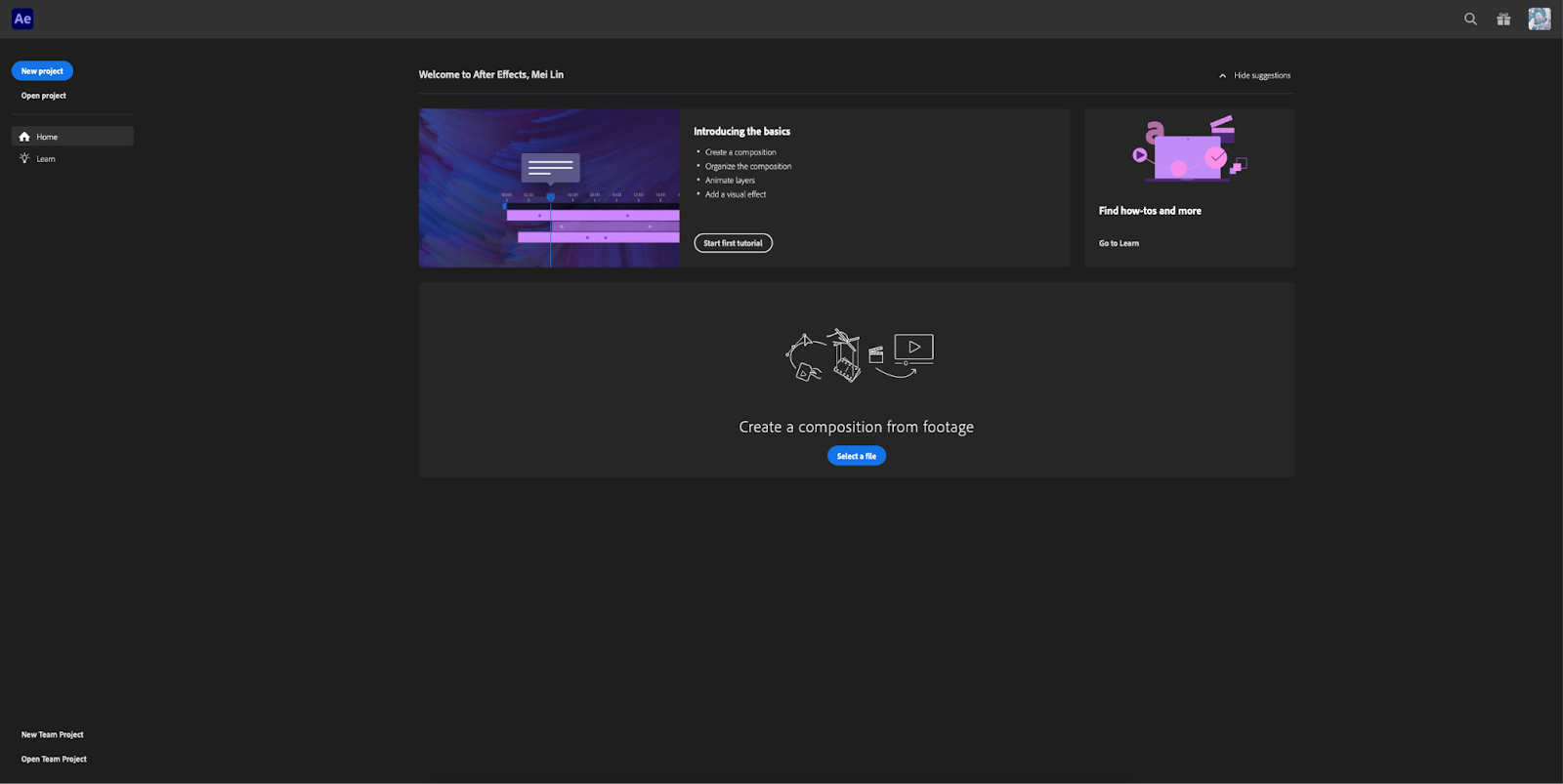 After Effects home dashboard