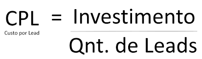 Custo por lead é igual investimento dividido pela quantidade de leads em mídia paga.