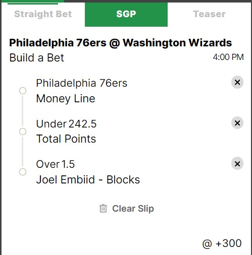 same-game parlay example for Philadelphia 76ers