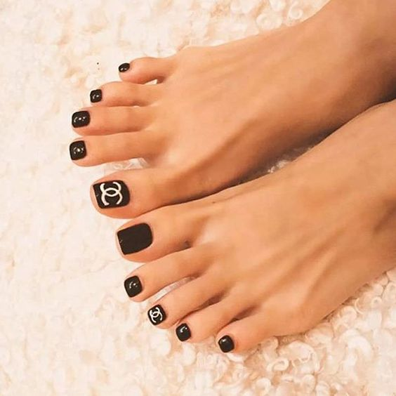 Black Chanel Logo Nail Art Toenail Designs