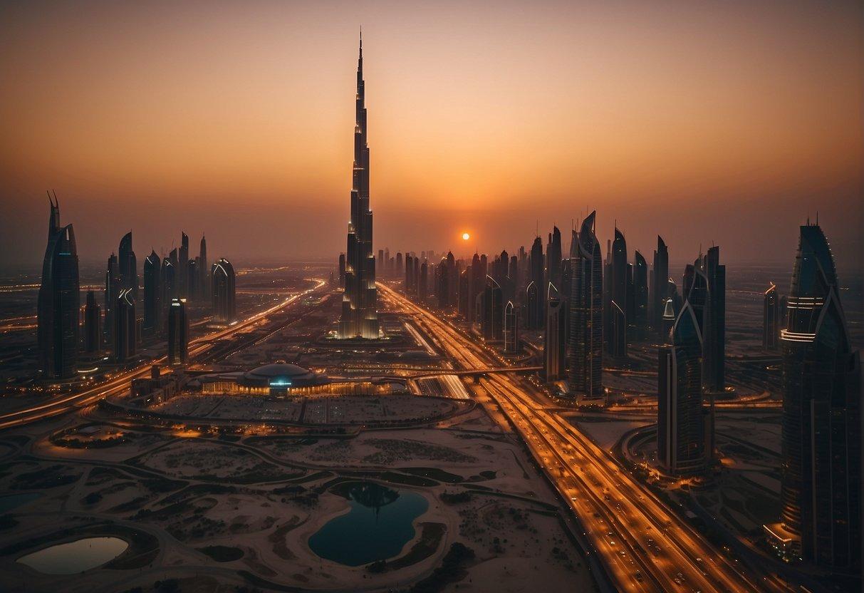 A bustling cityscape in the UAE, with towering skyscrapers, luxury cars, and palm trees lining the streets. The sun sets behind the iconic Burj Khalifa, casting a warm glow over the vibrant city